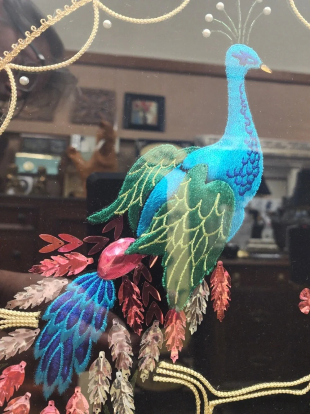 Vintage MCM Embroidered & Beaded Peacock Black Velvet Wall Art